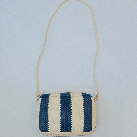 Clare V. Marisol Woven Leather Crossbody Bag – Indigo & Cream Racing Stripes - Picture 8 of 8